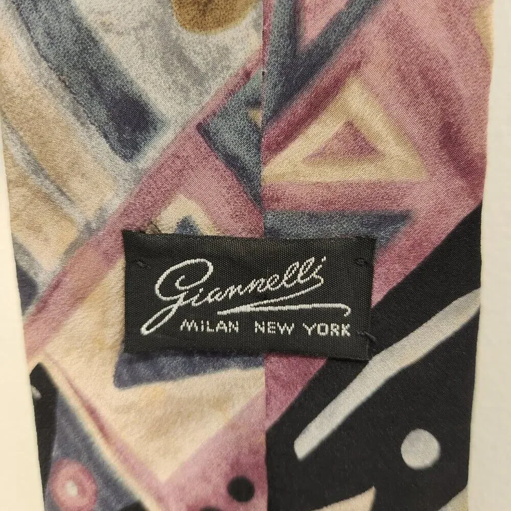 Vintage Gianelli Silk Tie Milan New York Handmade Bold Neutral Print 90's Print